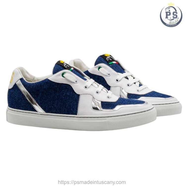 Men’s Sneakers in Blue Denim with White and Silver Leather Inserts – Comfort and Tuscan Craftsmanship