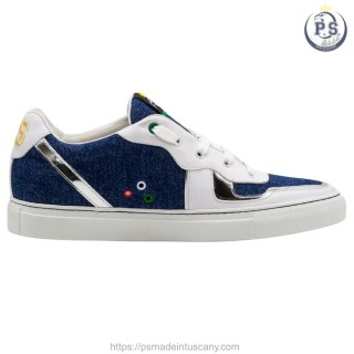 Men’s Sneakers in Blue Denim with White and Silver Leather Inserts – Comfort and Tuscan Craftsmanship