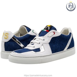 Men’s Sneakers in Blue Denim with White and Silver Leather Inserts – Comfort and Tuscan Craftsmanship