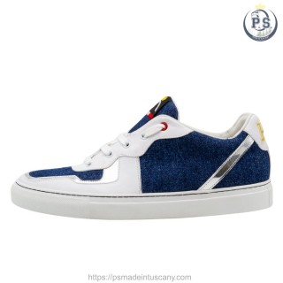Men’s Sneakers in Blue Denim with White and Silver Leather Inserts – Comfort and Tuscan Craftsmanship