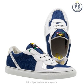 Men’s Sneakers in Blue Denim with White and Silver Leather Inserts – Comfort and Tuscan Craftsmanship