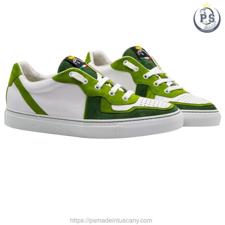 Męskie sneakersy Lucca ze skóry cielęcej białej z zielonymi zamszowymi wstawkami | Komfort i rzemieślniczy styl