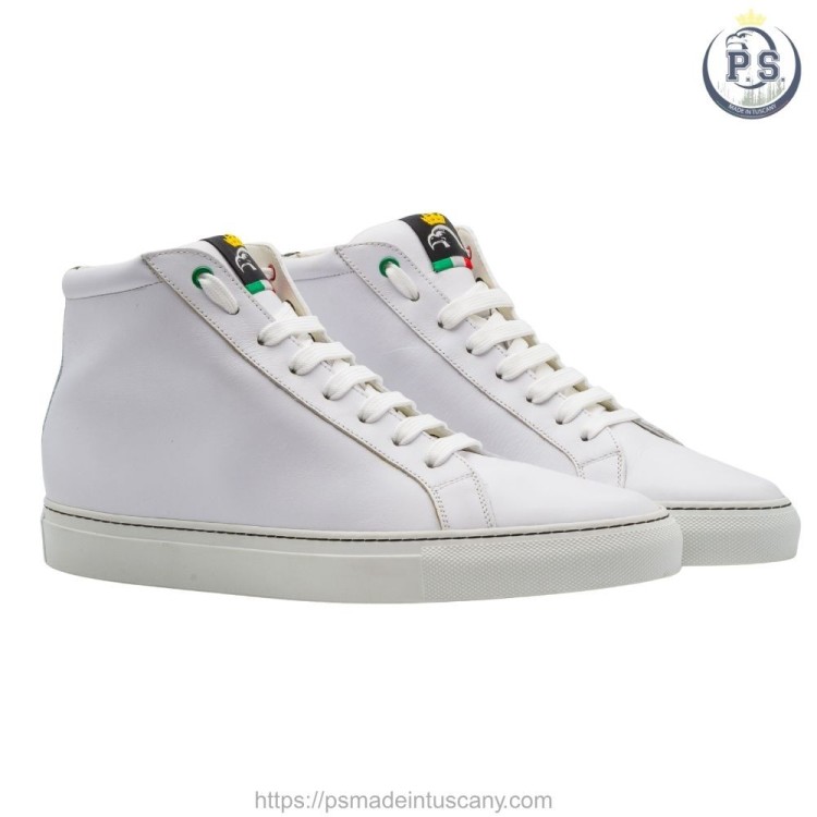 Handcrafted Men’s high sneakers in white leather with black detail