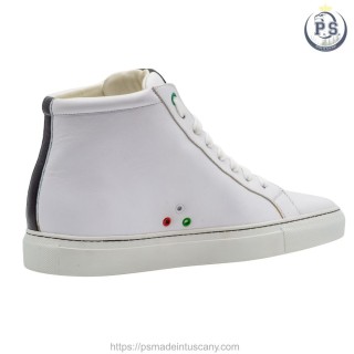 Handcrafted Men’s high sneakers in white leather with black detail