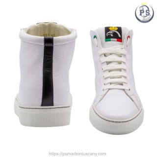 Handcrafted Men’s high sneakers in white leather with black detail