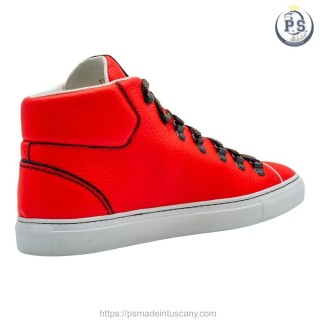 Wysokie Sneakersy PS z Rzemieślniczej Skóry w Kolorze Homara z Czarnymi Detalami