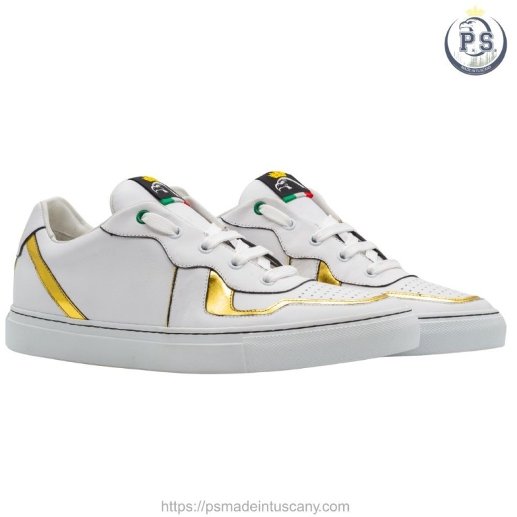 Ręcznie robione białe sneakersy skórzane ze złotymi detalami i logo PS