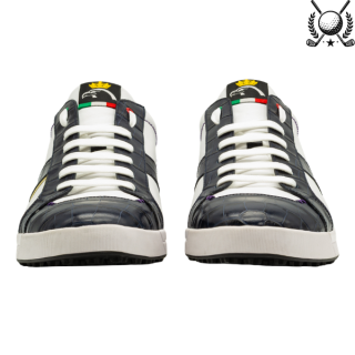 Męskie sneakersy z brązowej skóry z białą lamówką PS