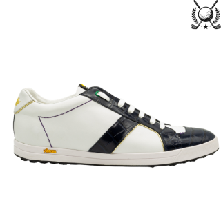 Męskie sneakersy z brązowej skóry z białą lamówką PS