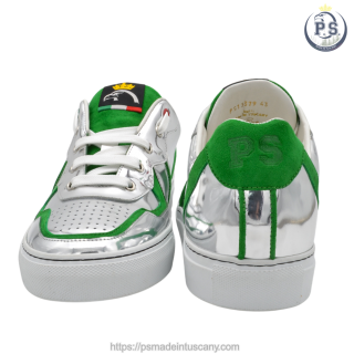 Handmade Silver Leather Sneakers with Green Suede