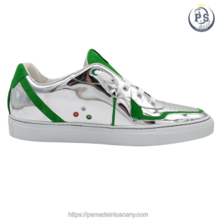 Handmade Silver Leather Sneakers with Green Suede