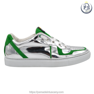 Handmade Silver Leather Sneakers with Green Suede
