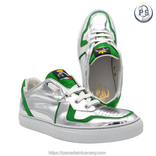 Handmade Silver Leather Sneakers with Green Suede