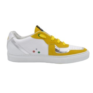 Białe skórzane Sneakersy PS z żółtym Nubuku i srebrny