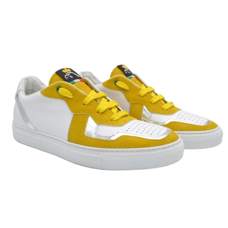 Białe skórzane Sneakersy PS z żółtym Nubuku i srebrny