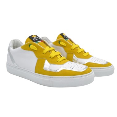 Białe skórzane Sneakersy PS z żółtym Nubuku i srebrny