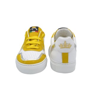 Białe skórzane Sneakersy PS z żółtym Nubuku i srebrny