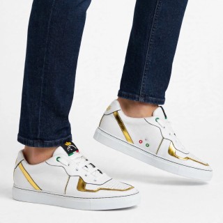 Handcrafted White Leather Sneakers with Gold Details and PS Logo