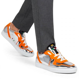 Handcrafted Silver Mirror Leather Sneakers with Orange Suede Inserts – Tuscan Comfort and Style