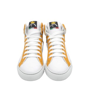 Handmade High Sneakers PS In White Leather with Yellow and Blue