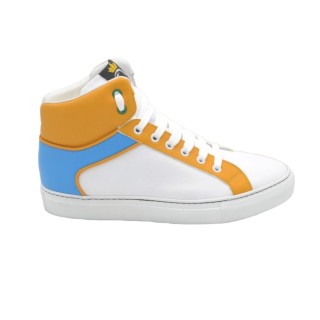Handmade High Sneakers PS In White Leather with Yellow and Blue