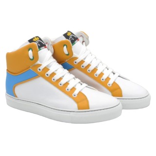 Handmade High Sneakers PS In White Leather with Yellow and Blue
