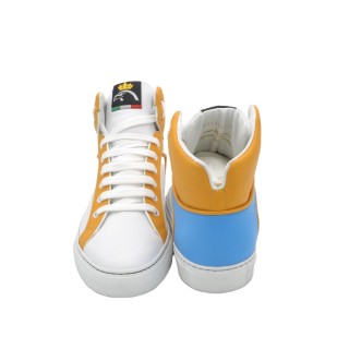 Handmade High Sneakers PS In White Leather with Yellow and Blue