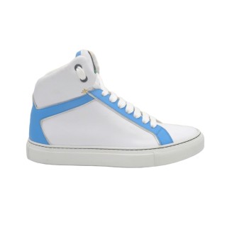 Handmade women's PS high sneakers in white and light blue leather