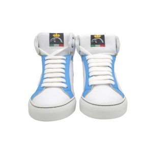 Handmade women's PS high sneakers in white and light blue leather