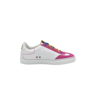 Women's handmade PS sneakers in white leather with fuchsia details