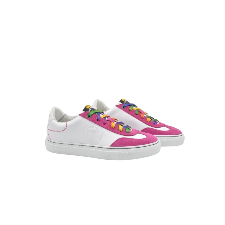 Women's handmade PS sneakers in white leather with fuchsia details