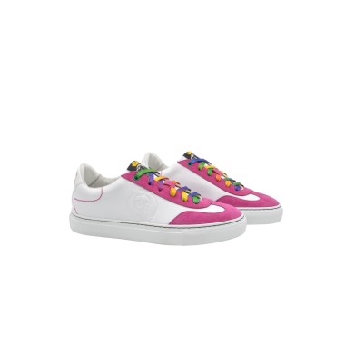 Women's handmade PS sneakers in white leather with fuchsia details
